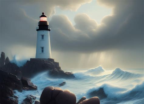 Premium Photo | Storm at sea, waves hitting the shore of the lighthouse.