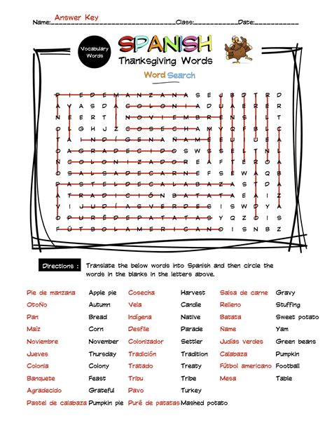 Spanish Thanksgiving Vocabulary Word Search And Answer Key Made By Teachers