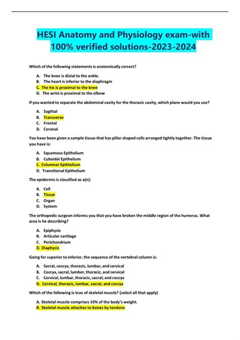 Hesi Anatomy And Physiology Exam With Verified Solutions Hesi