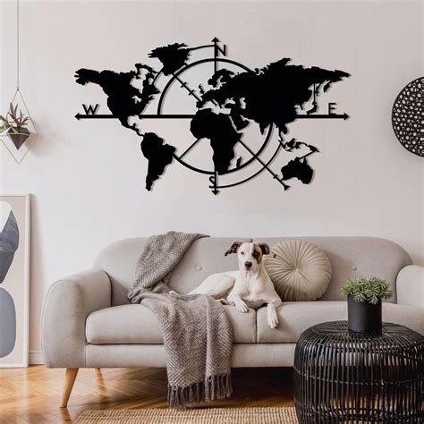 Metal World Map Compass Metal Wall Decor Art Work World Map Etsy