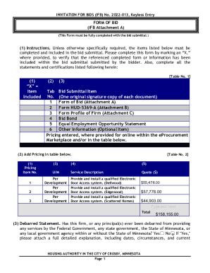 Fillable Online FORM OF BID IFB Attachment A Fax Email Print