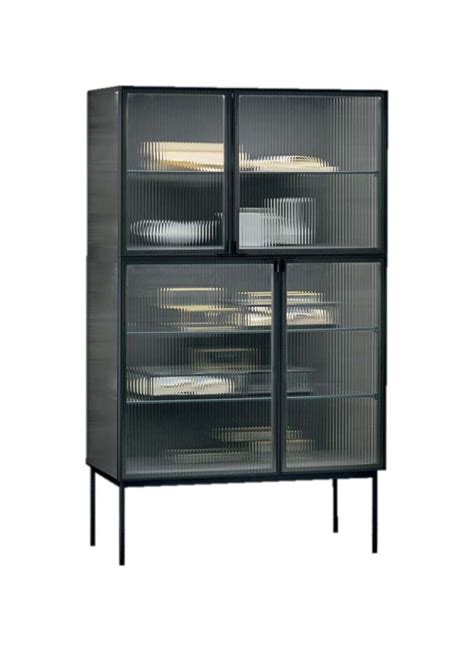 An Open Cabinet With Four Shelves And Two Doors On Each Side In Black