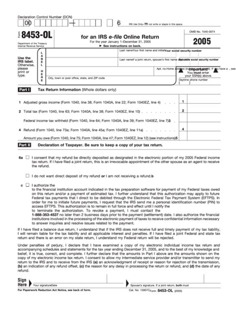 Fillable 2005 Form 8453 Ol Us Individual Income Tax Declaration For