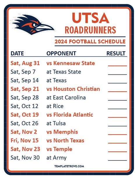 Printable 2024 UTSA Roadrunners Football Schedule