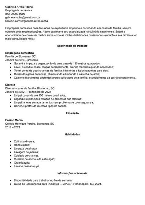 Currículo de empregada doméstica modelo pronto exemplos