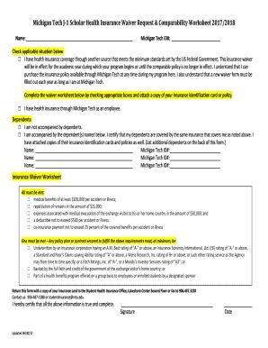 Fillable Online Mtu Michigan Tech J 1 Scholar Health Insurance Waiver