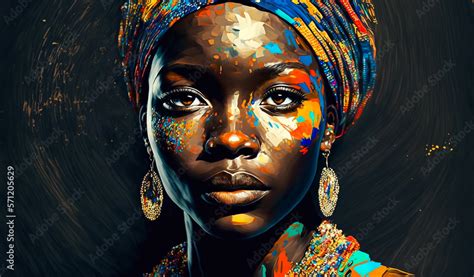 Abstract Painting Concept Colorful Art Portrait Of A Black Woman With Modern Turban African