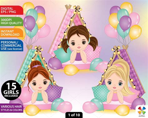 Slumber Party Clipart Vector Teepee Sleepover Pastel Hair Bun