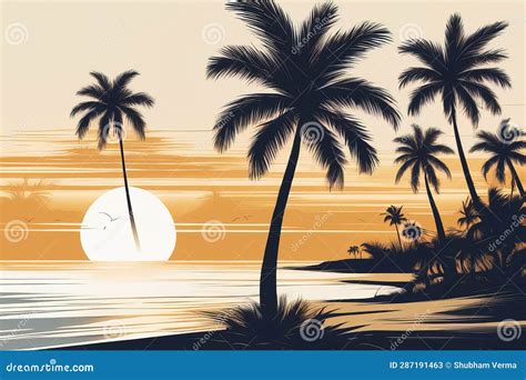 Sunset at the Beach, Palm Tree Silhouette Stock Illustration ...