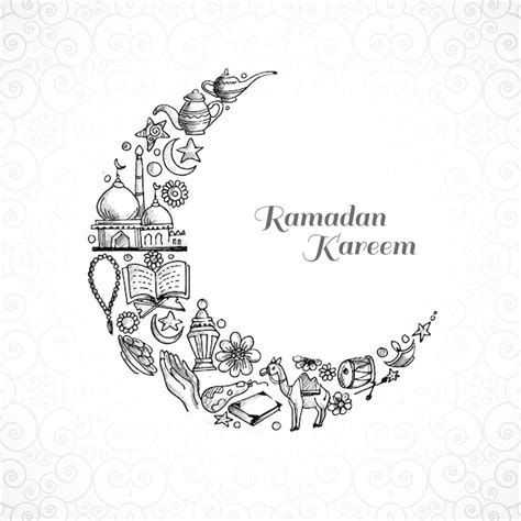 Free Vector Hand Draw Decorative Ramadan Kareem Moon Sketch Card Design