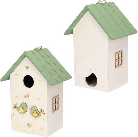 Nestkast Vogelhuisje Hout Wit Met Groen Dak 15 X 12 X 22 Cm Bol