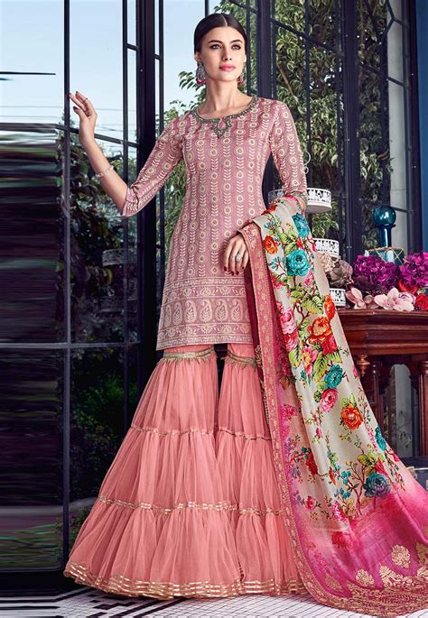 Pink Silk Embroidered Sharara Suit 8004 Indian Dresses Designer