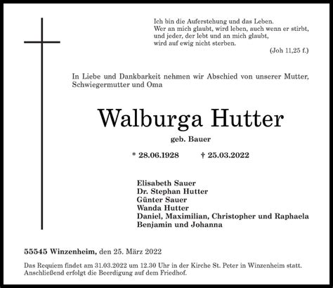 Traueranzeigen Von Walburga Hutter Rz Trauer De