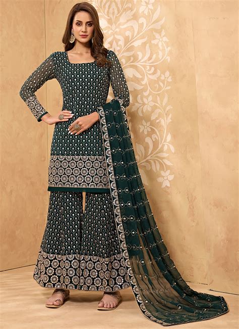 Buy Dark Green Georgette Mirror Work Palazzo Suit Party Wear Mirror