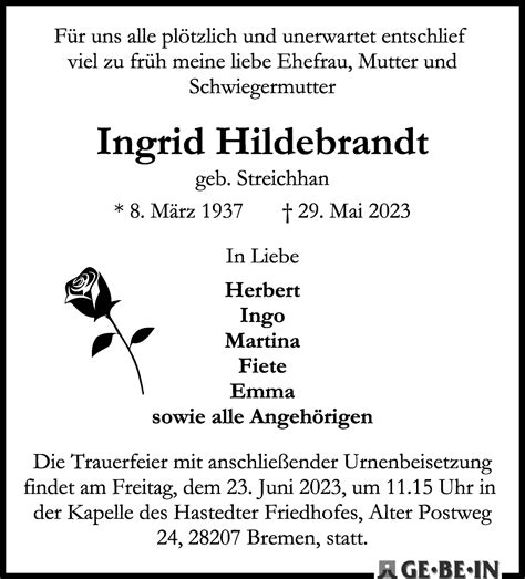 Traueranzeigen Von Ingrid Hildebrandt Trauer Gedenken