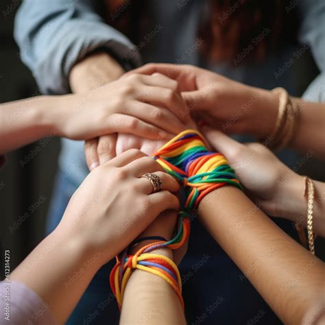 Hand Of Lgbt Women Holding Together With Rainbow Ribbon Symbol Concept