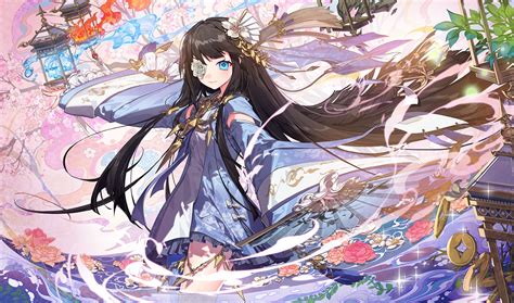 Aqua Eyes Black Hair Eyepatch Fan Fire Flowers Japanese Clothes Long