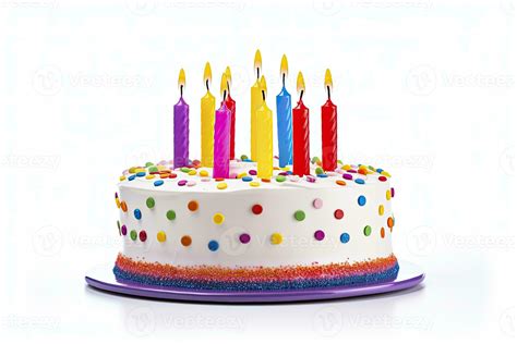 AI Generated Colourful Birthday Cake With Candles Isolated On White