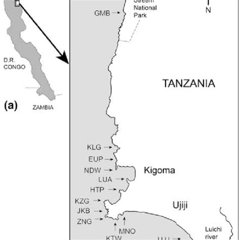 Lake Tanganyika. (a) Map of Lake Tanganyika, (b) Study sites that were ...