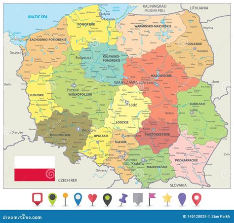 Polska Polityczna Mapa I Płaskie Map Ikony Ilustracja Wektor