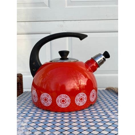 Mid Century Modern Red Enamel Teapot