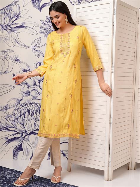 Buy Vishudh Mustard Yellow Floral Embroidered Thread Work Straight