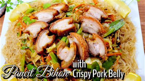 Pancit Bihon With Crispy Pork Belly Lechon Kawali Youtube