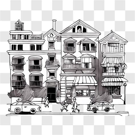 Download Black-and-White Drawing of Buildings and People PNGs Online ...