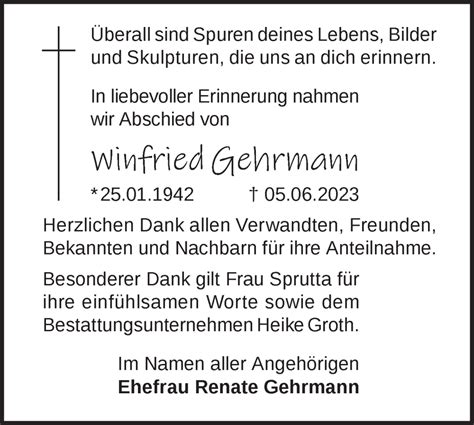 Traueranzeigen von Winfried Gehrmann Märkische Onlinezeitung Trauerportal