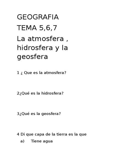 Exámen Geografia 1 Eso La Atmosfera Hidrosfera Y Geosfera Pdf Pdf