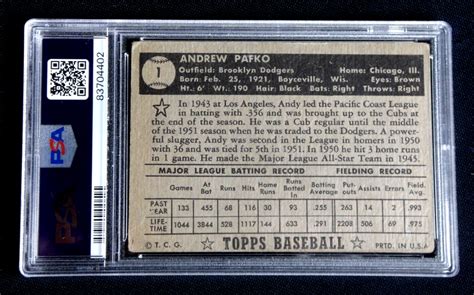 Andy Pafko 1952 Topps Baseball Card 1 Psa 25 Good Dodgers Black Back