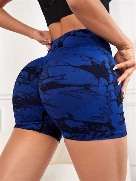 Yoga Trendy Marble Print Wideband Waist Sports Shorts Shein Usa