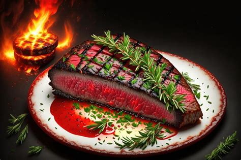 A Steak Steak On A Grill With A Rosemary Sprig On Top Of It And A Black