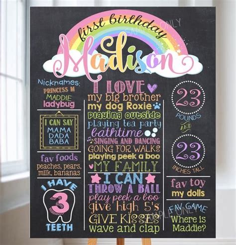 Pastel Rainbow First Birthday Chalkboard Poster Rainbow Birthday Chalk