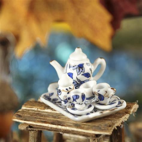 Miniature Floral Ceramic Tea Set Dining Room Miniatures Dollhouse