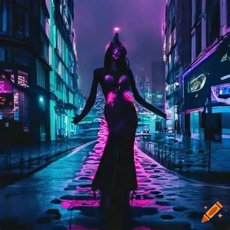 Neon Lit Cityscape With A Celestial Goddess And Mesmerizing Sculptures