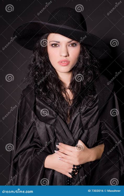 Portrait Of A Beautiful Girl In Black Hat Stock Photo Image Of Rosary