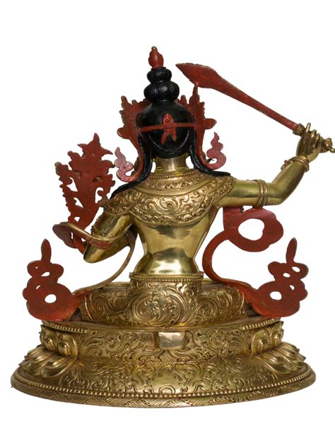 Buddhist Handmade Statue Of Manjushree Full Fire Gold Plated Face