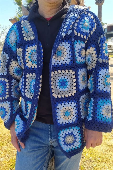 Men Hooded Granny Square Cardigan Crochet Jacket Patchwork Boho Sweater Hand Knitted Hippie