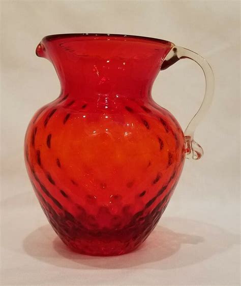 Vintage Pilgrim Art Glass Pitcher Hand Blown Ruby Red Cranberry 625 Optic 816 Ebay Glass