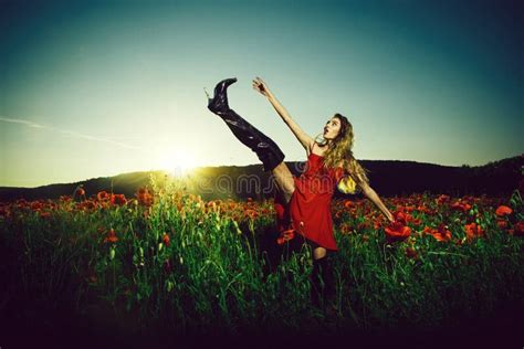 Opium Woman Or Girl In Flower Field Of Poppy Seed Stock Photo Image