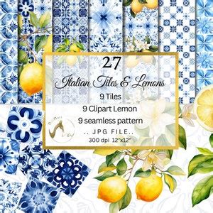 Blue And White Italian Watercolor Tile And Lemons Digital Scrapbook