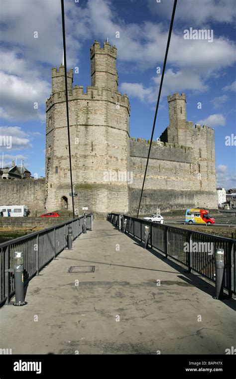 Town Of Caernarfon Wales Aber Swing Bridge With The Eagle Tower Of