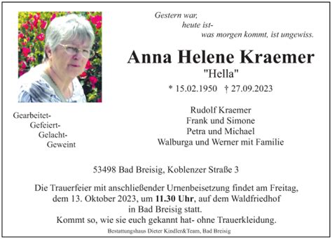 Traueranzeigen Von Anna Helene Kraemer Rz Trauer De