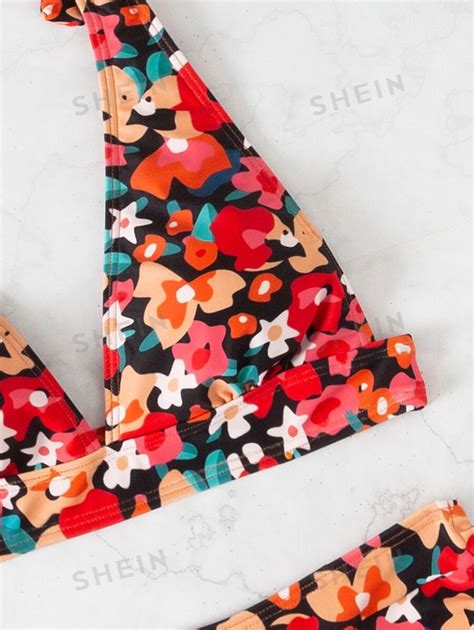 SHEIN Swim Bikini Floral Completo Con Nudo En El Hombro Para Playa