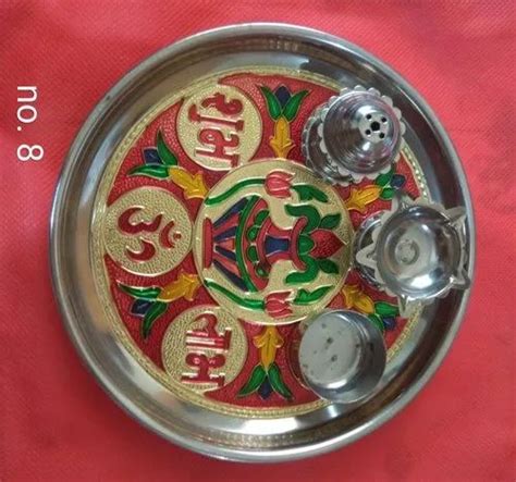 Stainless Steel Meenakari S S Pooja Thali Minakari For Aarti