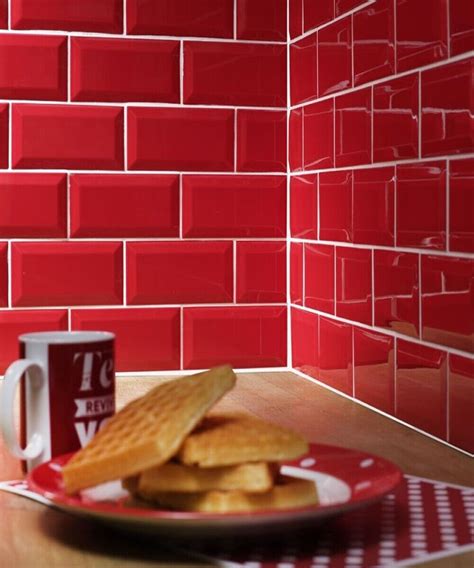 Gloss Red Brick Bevel Subway Metro Kitchen Bathroom Wall Tiles