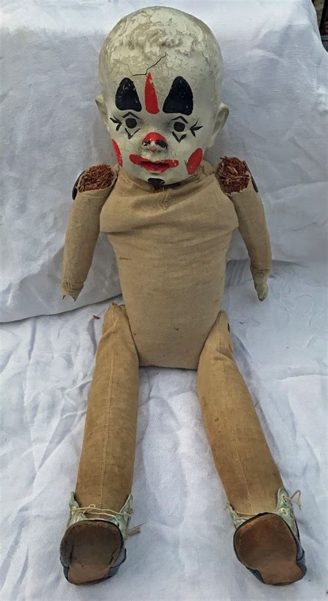 24 Antique Clown Doll Hard Head And Hand Stuffed Straw Body Well Worn