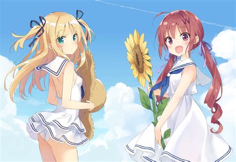 2girls Ass Blonde Hair Blush Clouds Dress Flowers Green Eyes Hat Hazuki