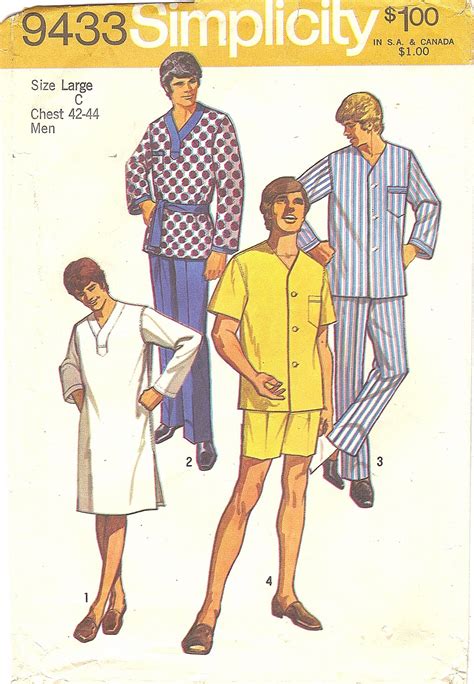 Simplicity 9433 Mens Sleepwear 1970s Lounge Set Pajamas Nightshirt